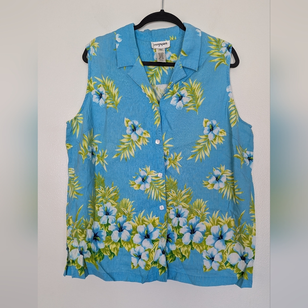 Easy Spirit Vintage Linen Tencel Floral Button Front Sleeveless Collar‎ Blouse